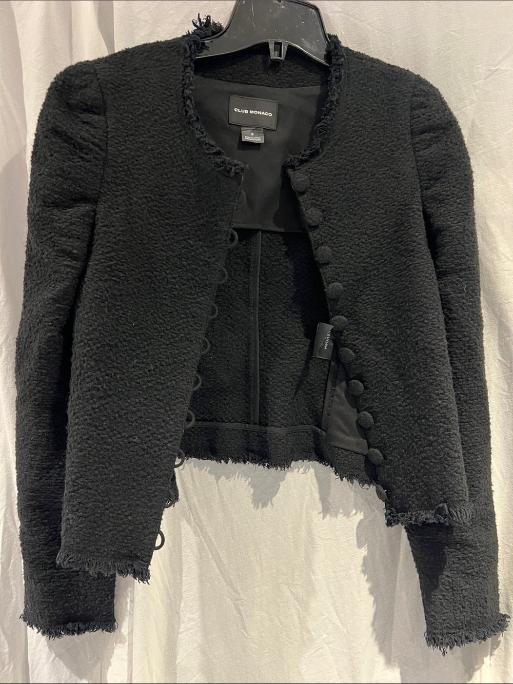 Club Monaco Black Bouclé Frayed-Trim Cropped Jacket